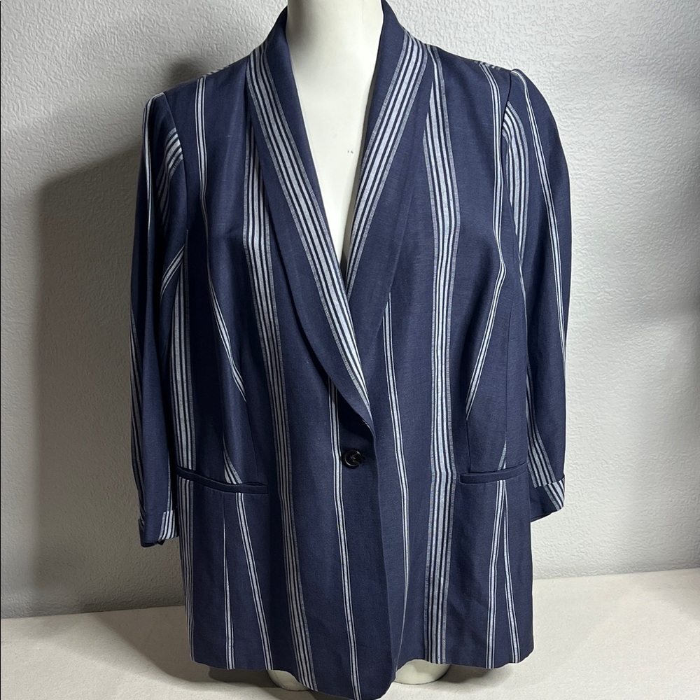 Lane Bryant The Bryant Blazer Size 16 Blue White Stripe Linen Blend Jacket